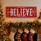 31IN Believe Horizontal Metal Holiday Wall Sign Red Vintage Snowflake Christmas Decor