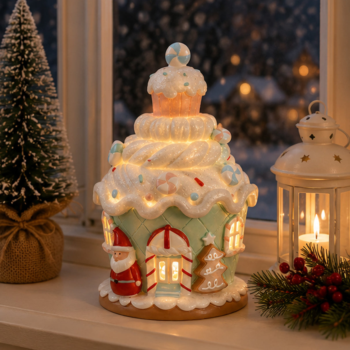 8IN Santa Cake House Figurine with Warm Yellow LED Lights Indoor Christmas Decor