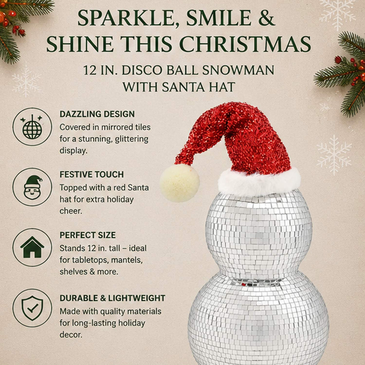12IN Disco Snowman Figurine with Santa Hat Mirror Ball Christmas Tabletop Decor