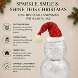 12IN Disco Snowman Figurine with Santa Hat Mirror Ball Christmas Tabletop Decor