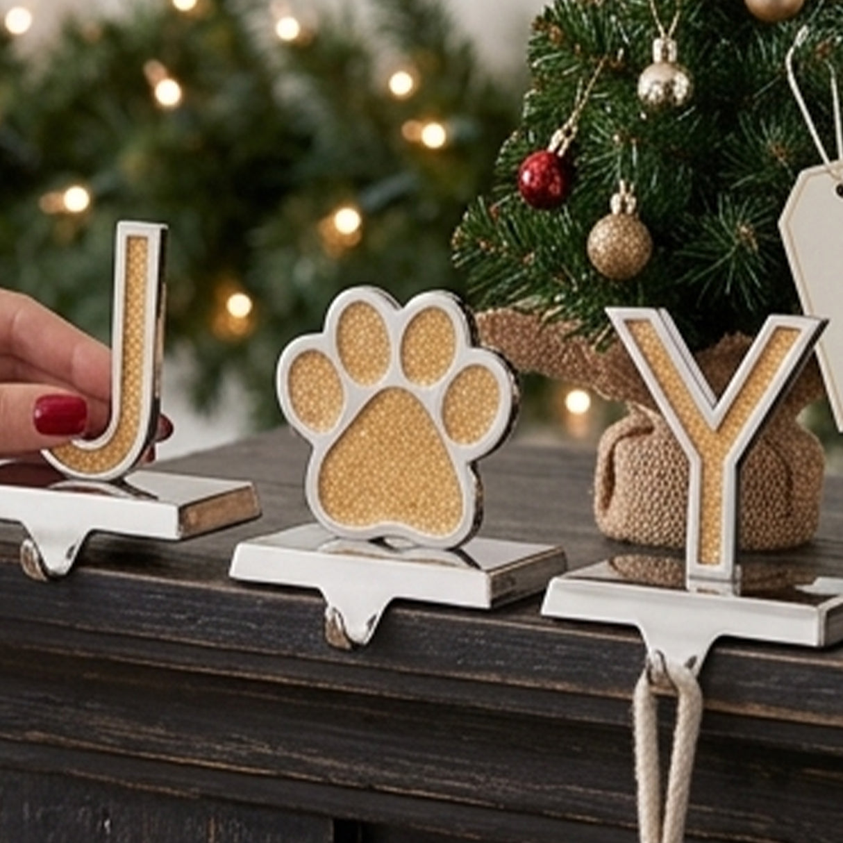 5IN 3-Piece Gold Sparkle JOY Paw Print Stocking Holders