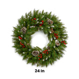 24 in. Frosted Berry Christmas Wreath with Pine Cones & Red Berries, Holiday Door & Wall Decoration
