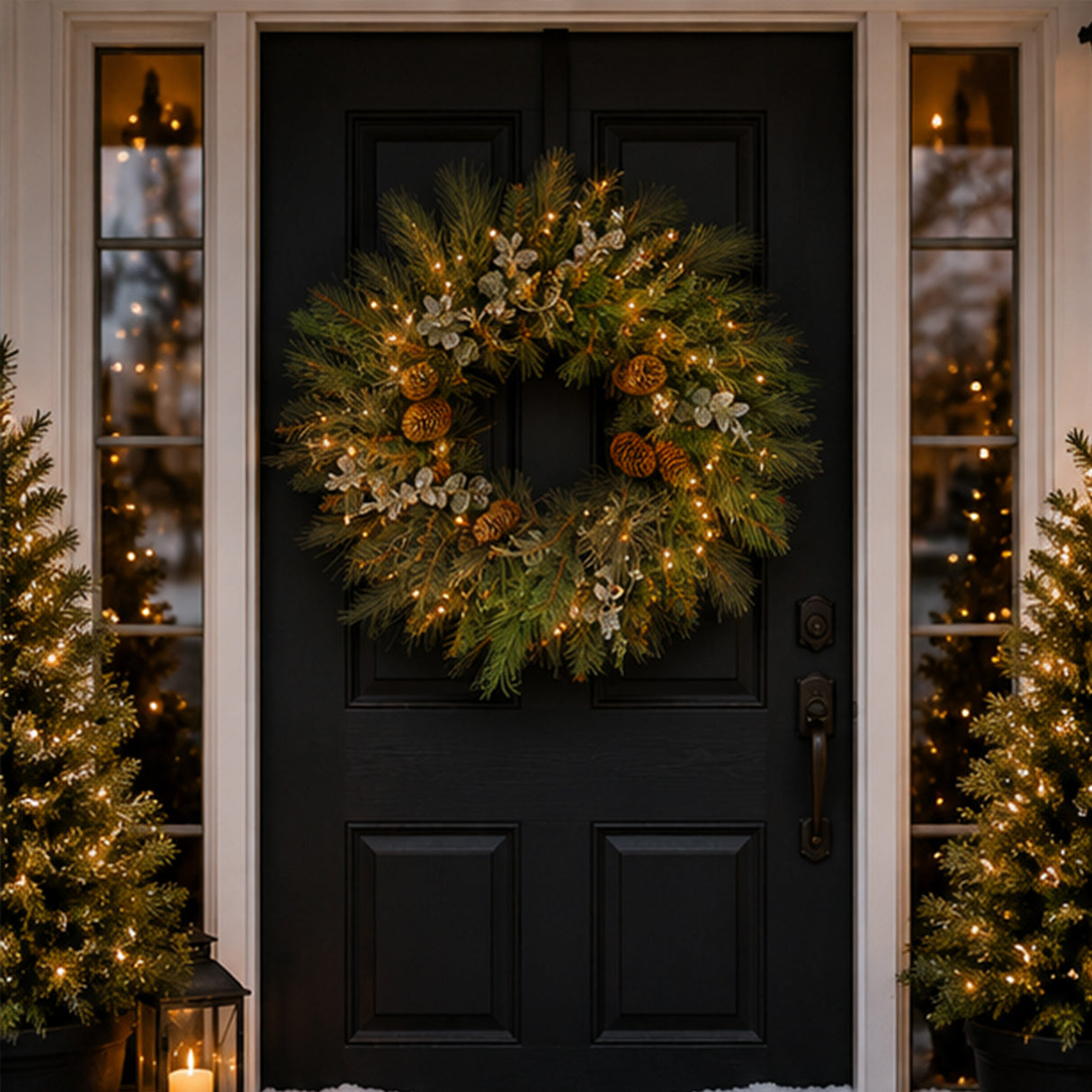 Pre-Lit 24 in. North Conway Christmas Wreath with Clear Lights with Eucalyptus and Pinecones
