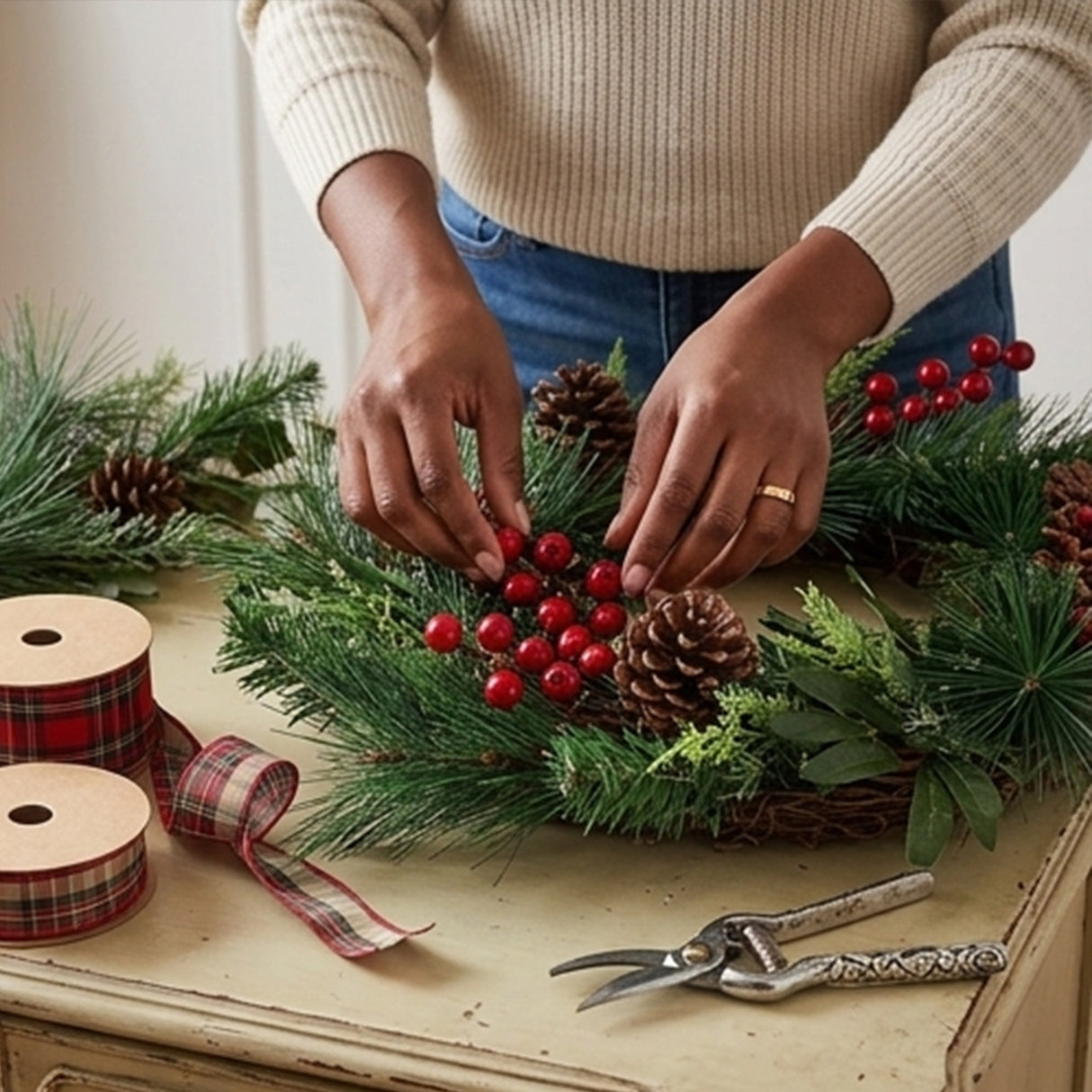 24IN Mixed Pine and Berries Wreath with Buffalo Plaid Bow