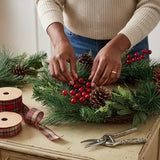 24IN Mixed Pine and Berries Wreath with Buffalo Plaid Bow