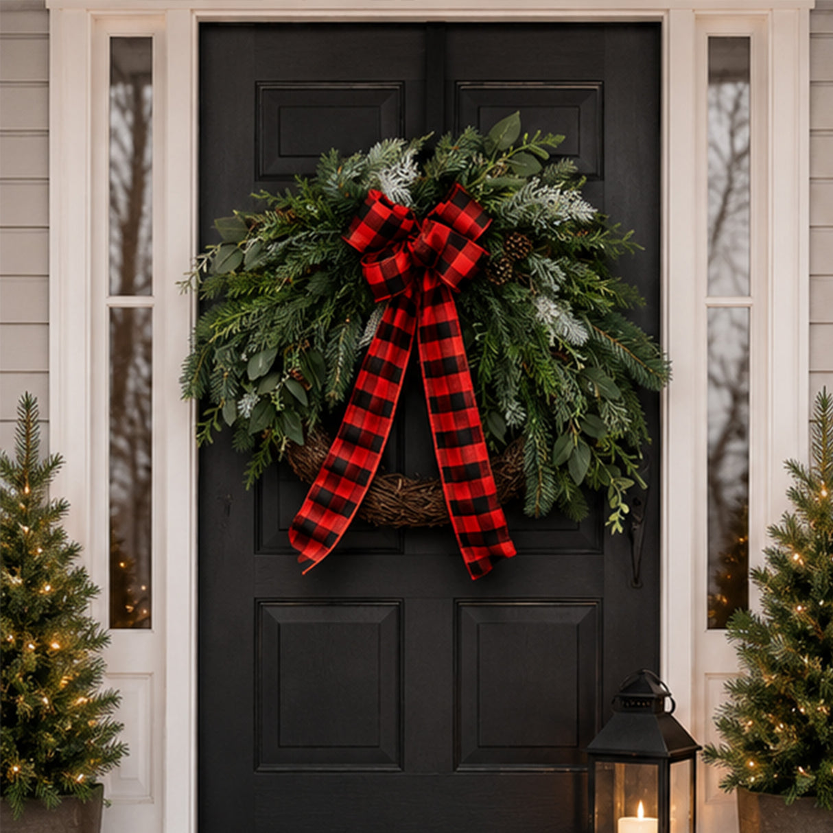 22IN Mixed Pine Wreath with Buffalo Plaid Bow and Pinecones