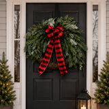 22IN Mixed Pine Wreath with Buffalo Plaid Bow and Pinecones