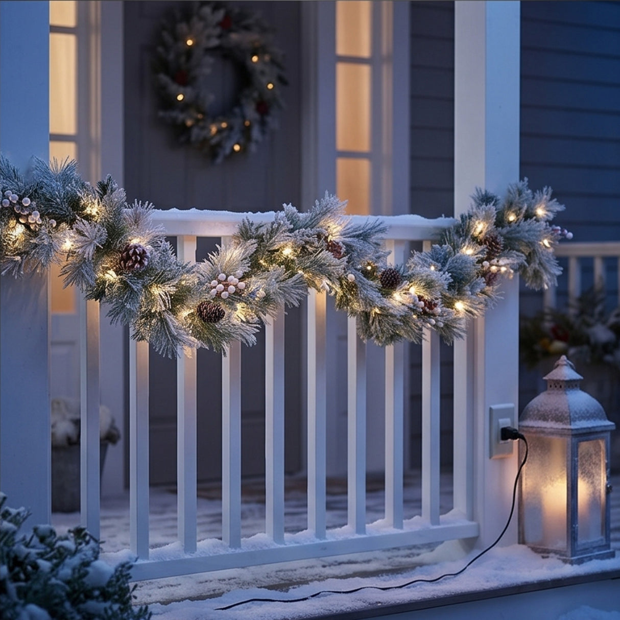9FT Pre-Lit Snowy Bedford Pine Garland with LED Lights