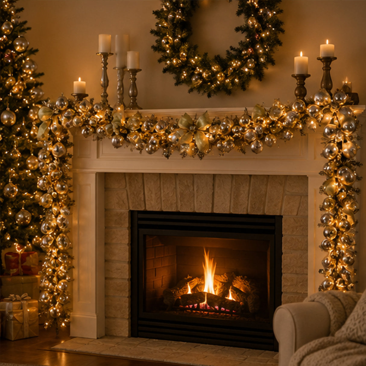 Pre-Lit Gold Ornament Metallic Garland with Warm White LED Lights, 9 Foot