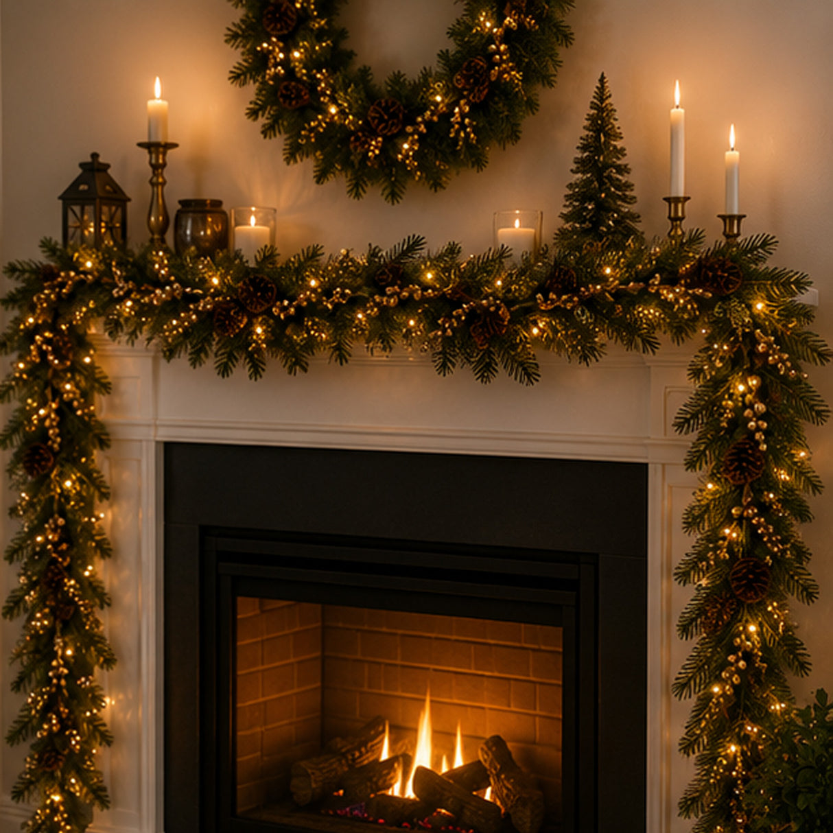 Pre-Lit Glittery Gold Pine Garland with Clear Lights, 9 Foot (Plug-In)