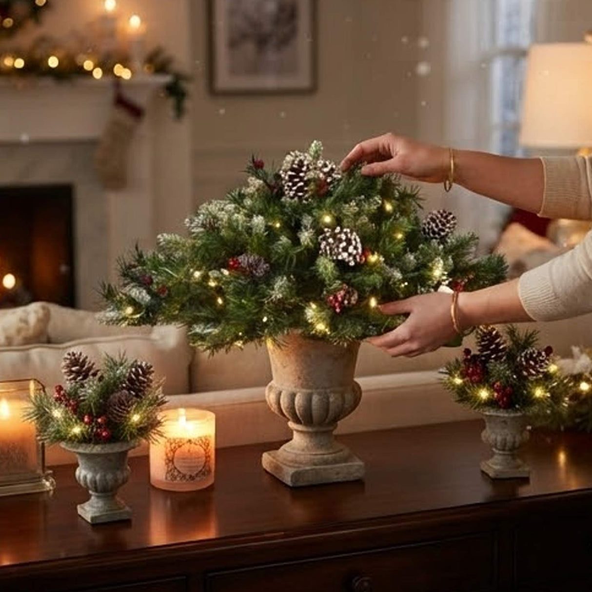 Pre-Lit Frosted Berry Urn Filler with Warm White LED Lights, 33 Inch