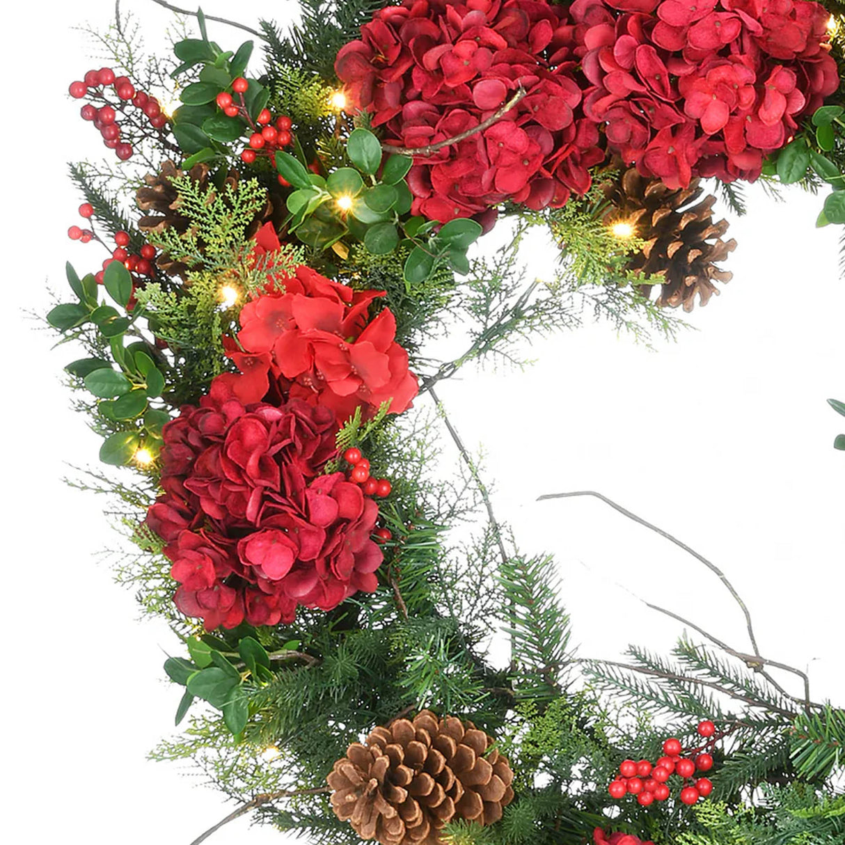 Pre-Lit Vienna Waltz Christmas Wreath with Red Hydrangea & LED Lights, 30 Inch