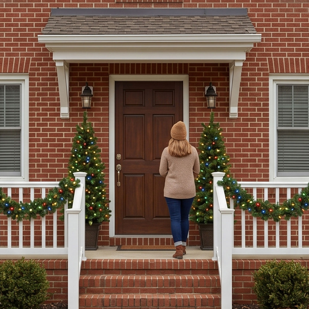 Pre-Lit Green Christmas Assortment Set – 2 Entrance Trees, Wreath & Garland with Multicolor LED Lights