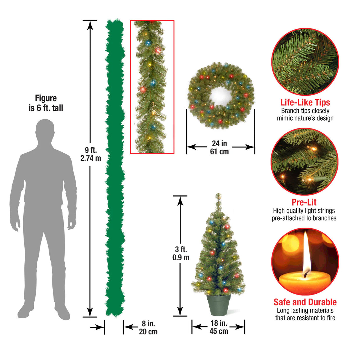 Pre-Lit Green Christmas Assortment Set – 2 Entrance Trees, Wreath & Garland with Multicolor LED Lights