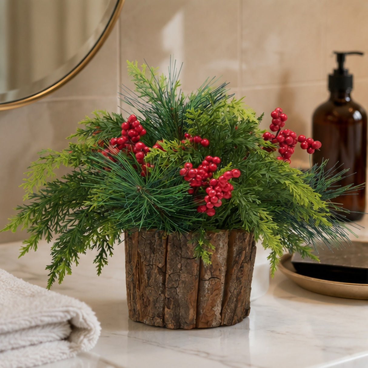 Christmas Classic Centerpiece with Berries & Cypress Tips, 11 Inch Table Decor
