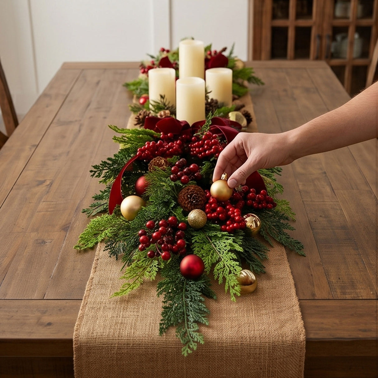 Christmas Joy Teardrop Swag with Red Berries & Bow, 28 Inch Door Decor