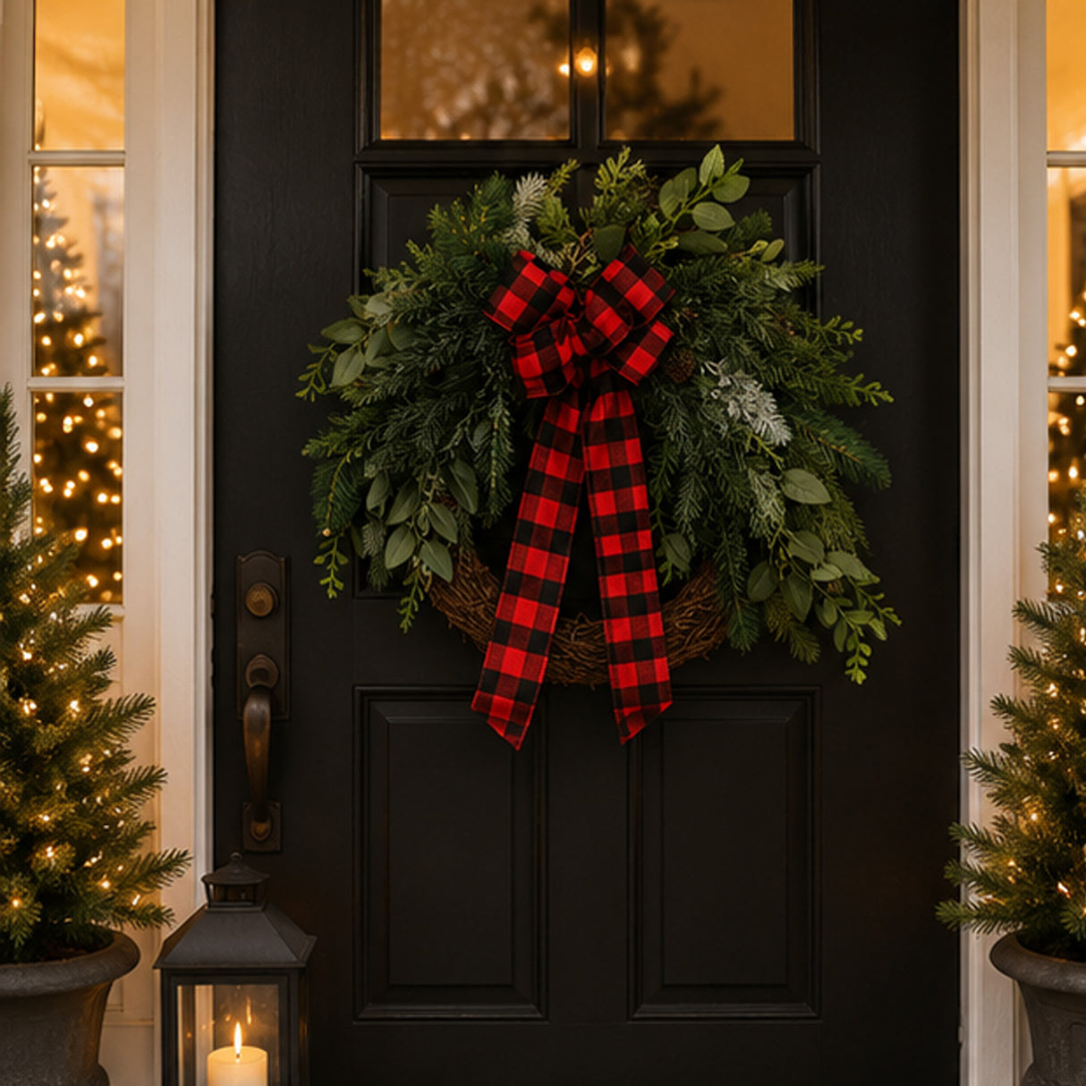 Mixed Pine Wreath with Buffalo Plaid Bow & Pinecones, 22 Inch Holiday Decor