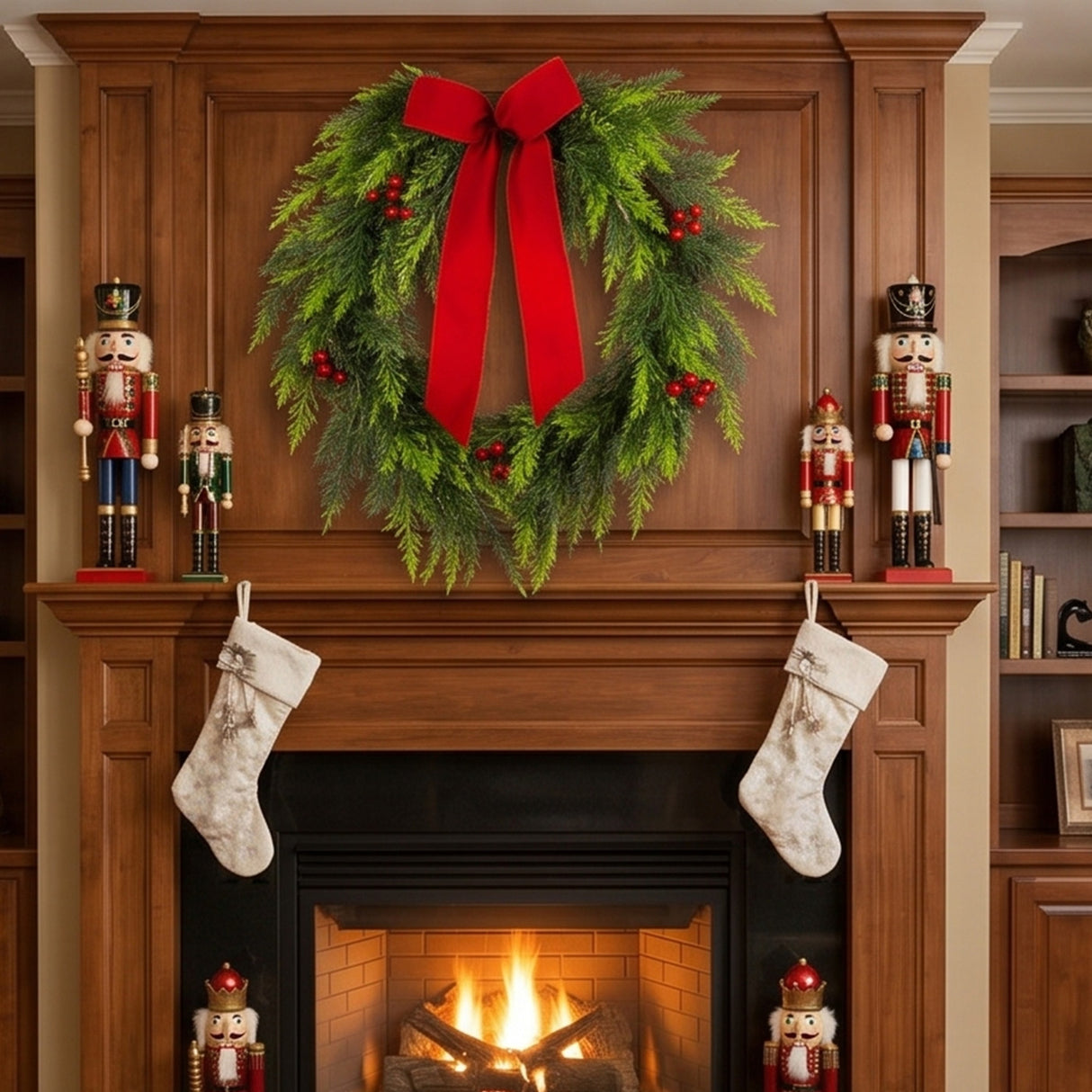 Pre-Lit Christmas Classic Wreath with Red Berries, Cypress & Bow, 24 Inch