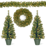 Evergreen Pre-Lit Holiday Assortment Set with Trees, Wreath & Garland, Battery Operated LED