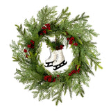 Winter Skates Wreath with Red Berries, 22 Inch Holiday Door Decor