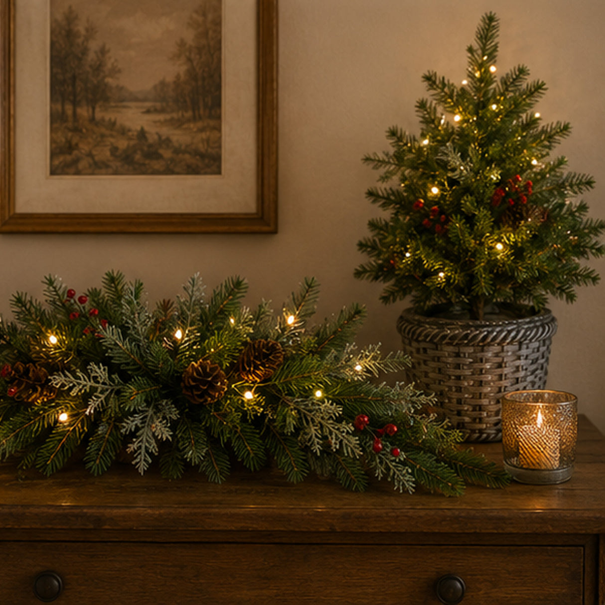Pre-Lit Buzzard Pine 3-Piece Christmas Entry Set with Tree, Wreath & Garland