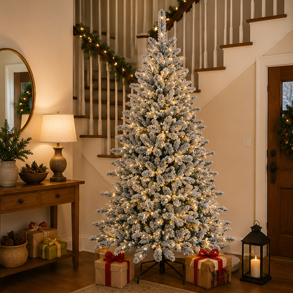 9 ft. Pre-Lit Snowy Harwich Hinged Tree with PowerConnect Warm White LED Lights, Plug-In