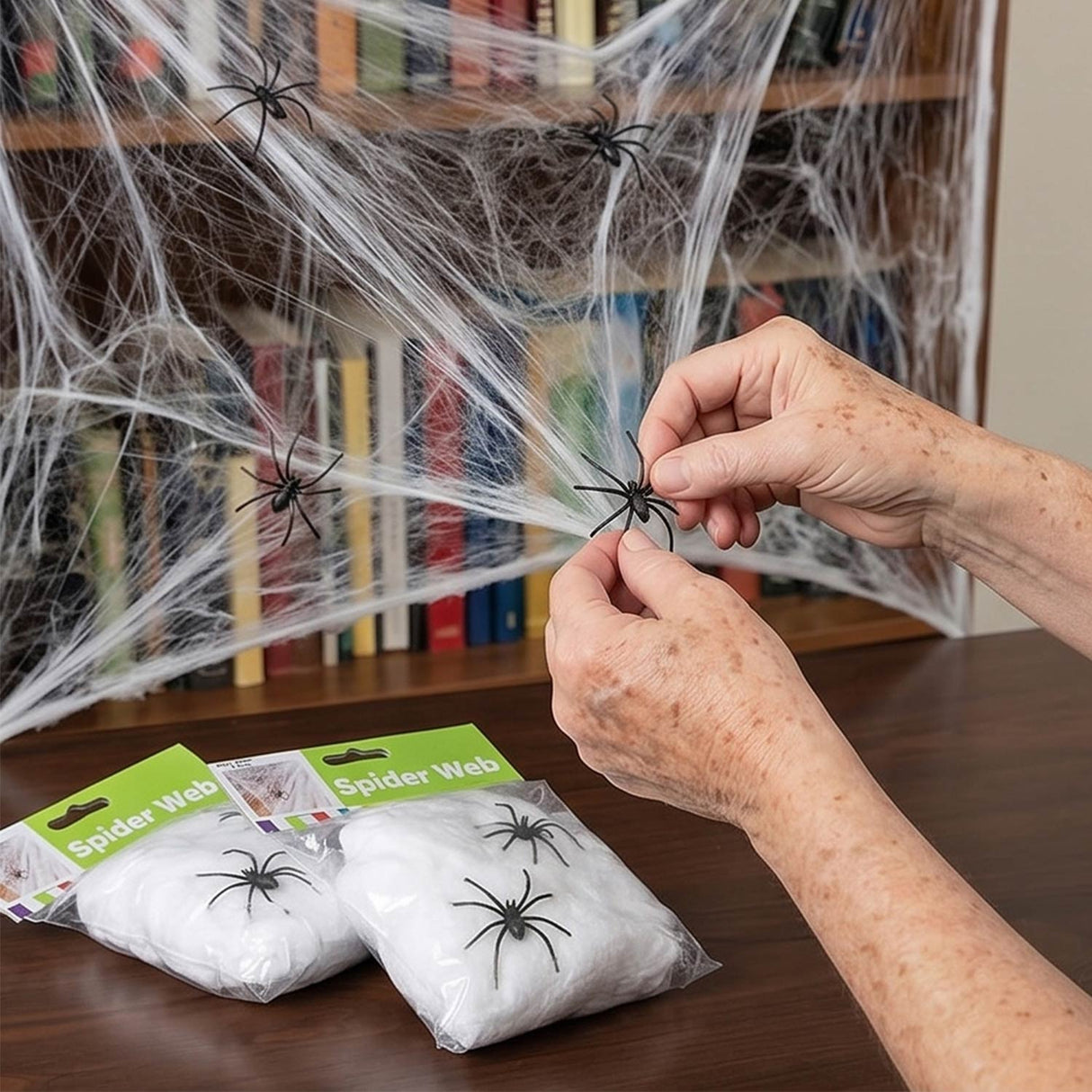 Stretchable Spider Web Halloween Decorations with Spiders – 12 Pc Set
