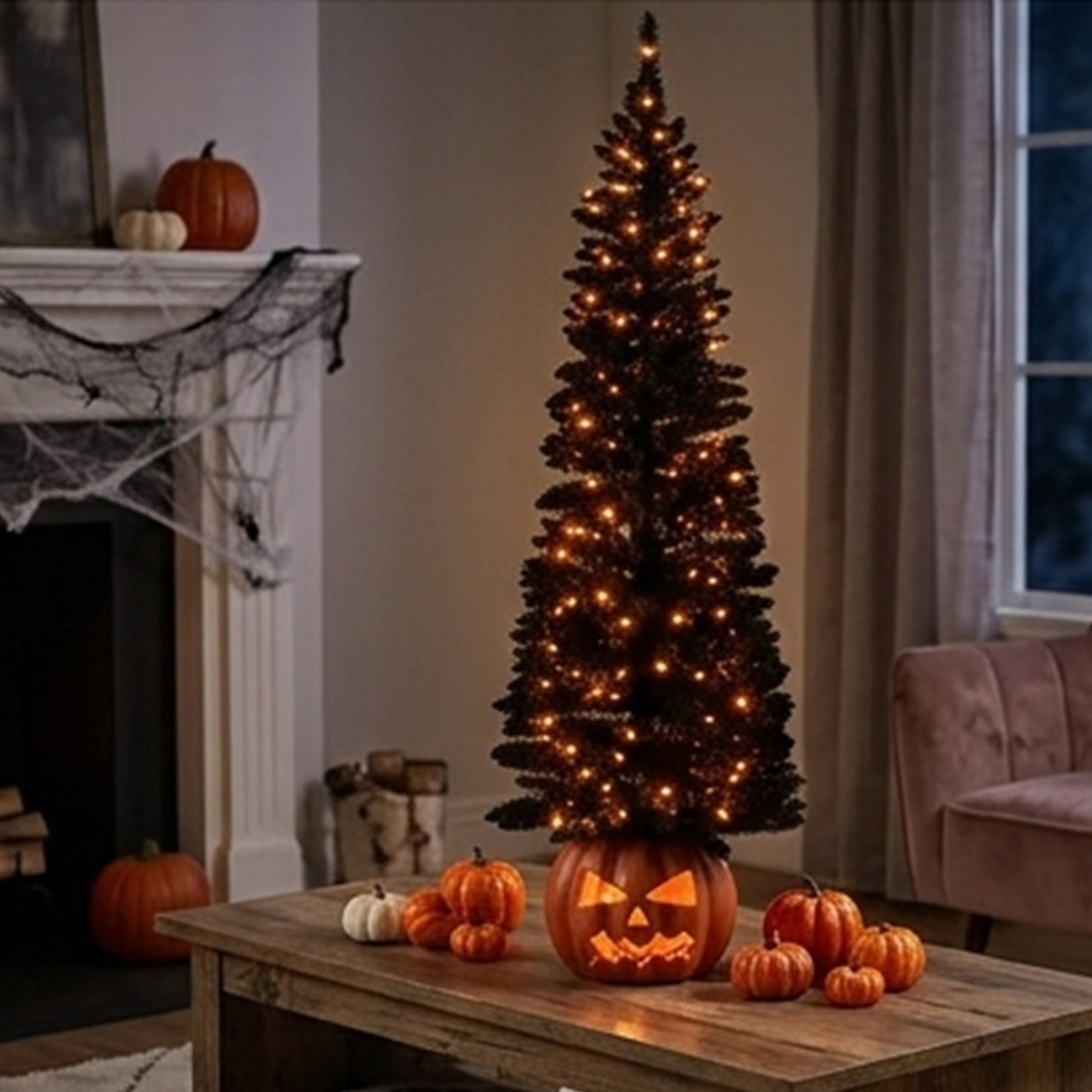 6 ft Halloween Pre-Lit Black Half Tree with LED Lights Pumpkin Base (Plug-In)