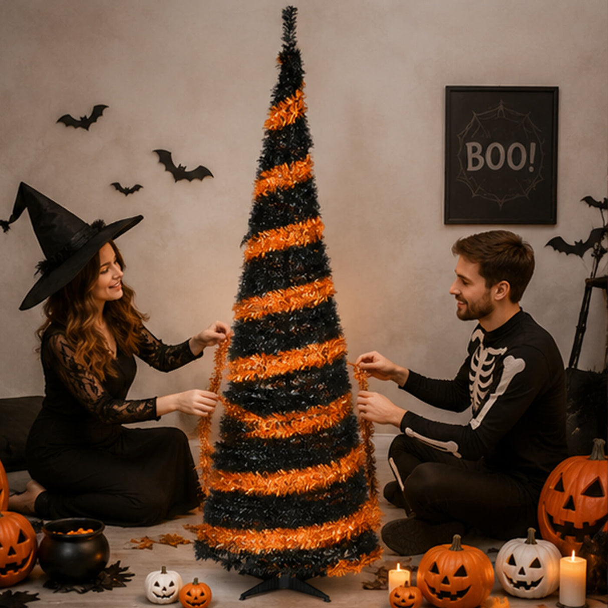 7.5 ft. Halloween Black and Orange Tinsel Tree