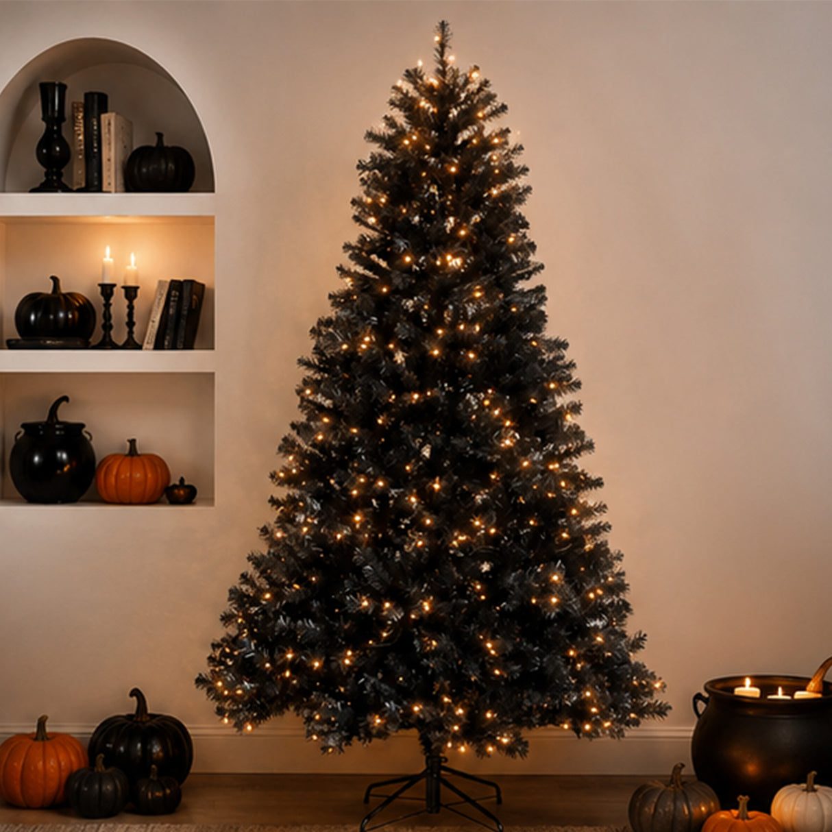 7 ft. Halloween Pre-Lit North Valley Spruce Full Black Tree with White Lights, Plug-In