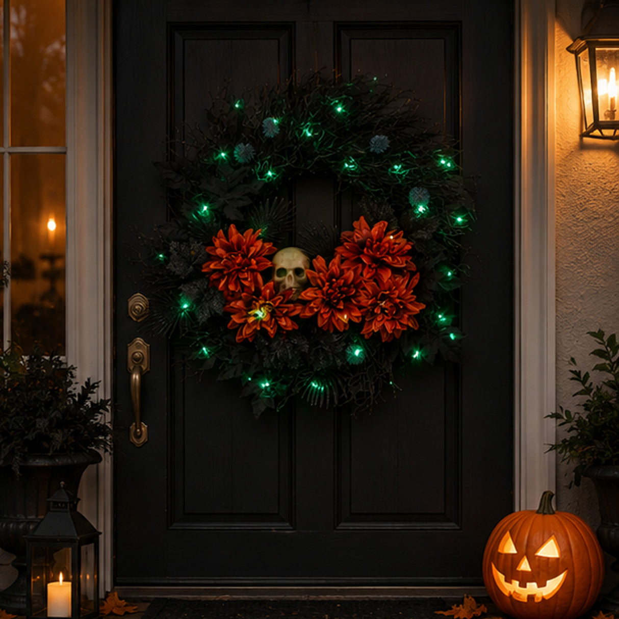 24IN Halloween Boo-tiful Wreath with Orange Florals, Skull & Green LED Lights