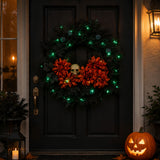 24IN Halloween Boo-tiful Wreath with Orange Florals, Skull & Green LED Lights