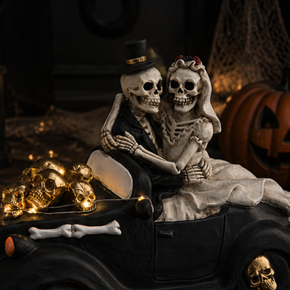 8 in. Halloween Skeleton Bride and Groom in Black Car with LED Lights