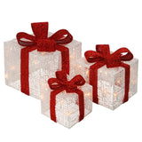 Pre-Lit White Christmas Gift Boxes Set of 3 with Clear Lights Plug-In
