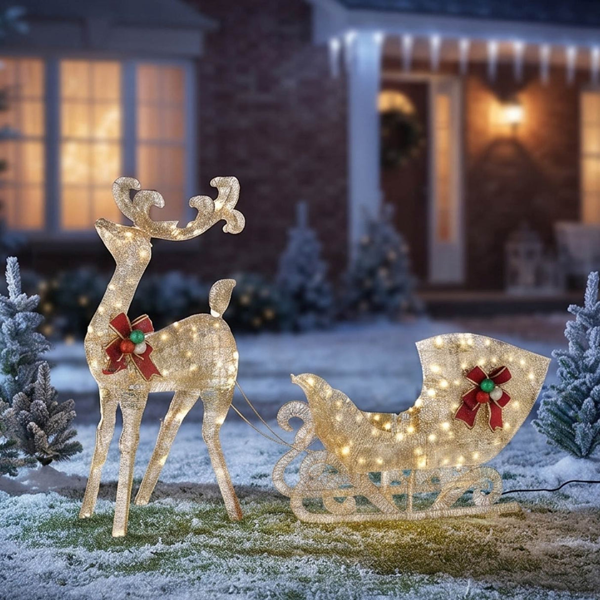 48IN Champagne Reindeer with 38IN Sleigh LED Christmas Decoration Set