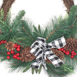 24IN Mixed Pine and Berries Wreath with Buffalo Plaid Bow