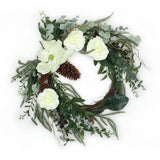 26IN Mixed Greens Wreath with White Flowers and Pinecones
