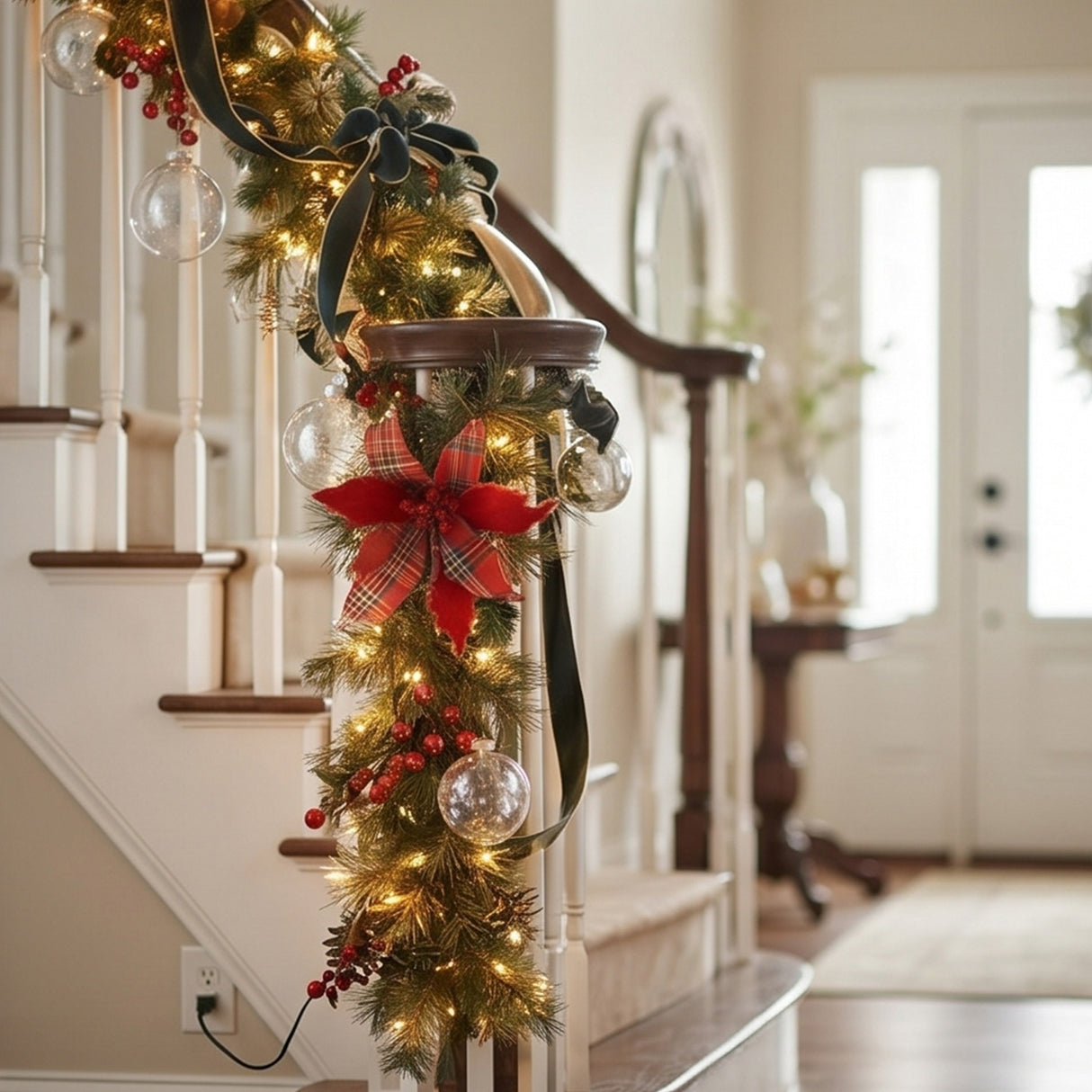 9FT Pre-Lit Tartan Plaid Garland with Warm White LED Lights