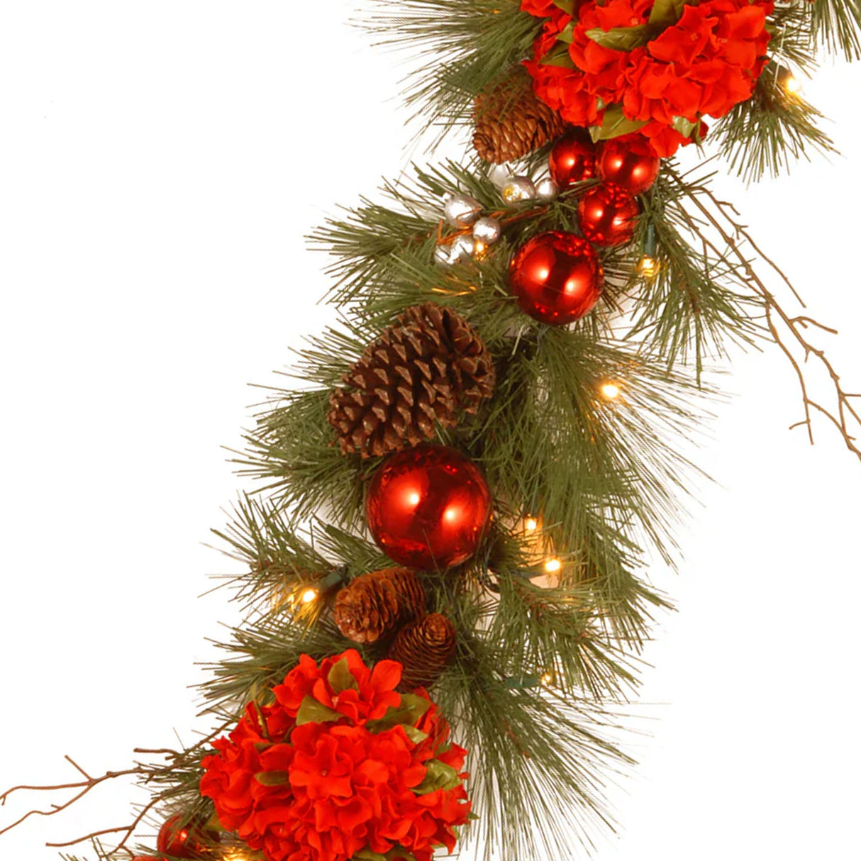 Pre-Lit Hydrangea Pine Garland with Warm White LED Lights, 9 Foot