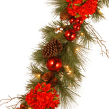 Pre-Lit Hydrangea Pine Garland with Warm White LED Lights, 9 Foot