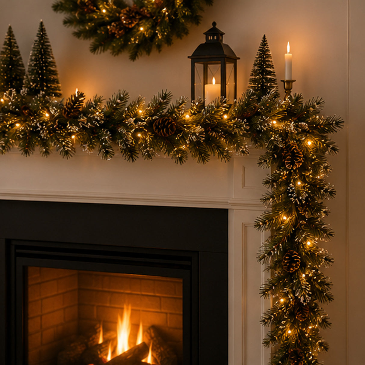 Pre-Lit Glittery Bristle Pine Garland with Warm White LED Lights, 6 Foot