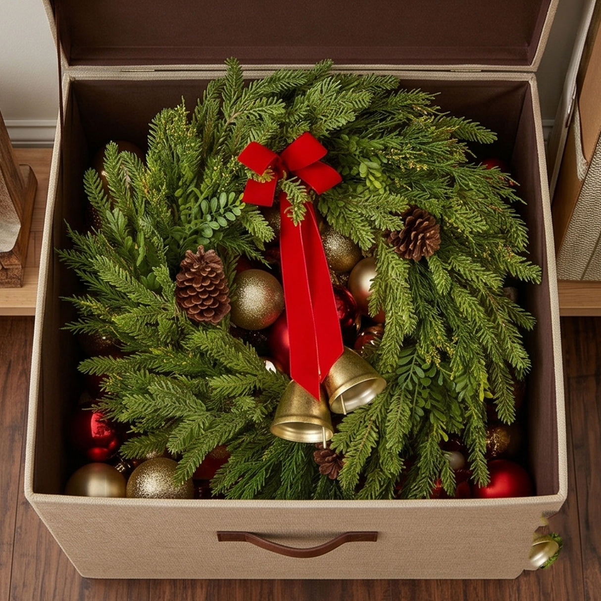 Christmas Bells Pine Wreath with Red Bow & Gold Bells, 28 Inch