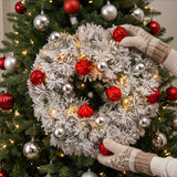 Pre-Lit Snowy Bristle Pine Wreath with Red & Silver Ornaments, 24 Inch