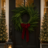 Christmas Cottage Wreath with Red Bow, 24 Inch Holiday Door Decor