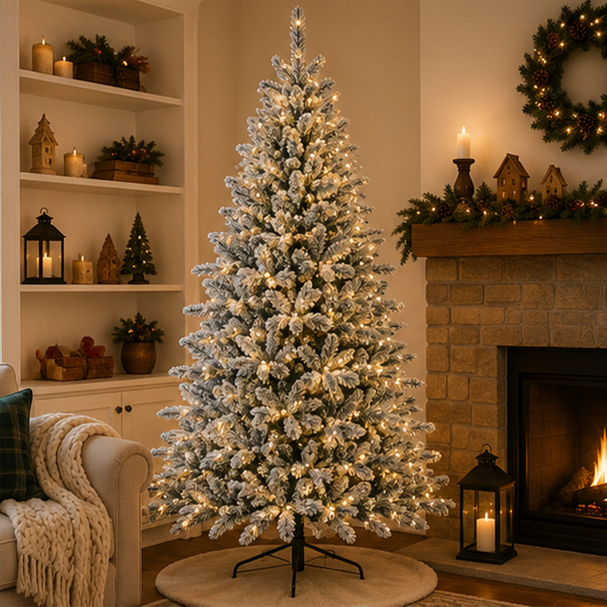 9 ft. Pre-Lit Snowy Harwich Hinged Tree with PowerConnect Warm White LED Lights, Plug-In