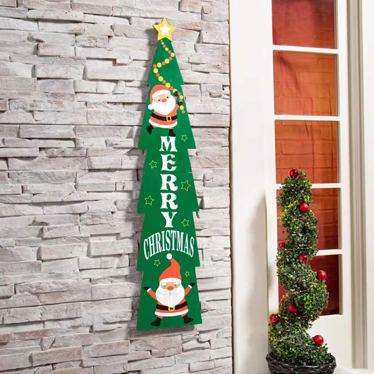 Christmas Tree Porch Sign – 44" Wooden “Merry Christmas” Wall & Door Decor