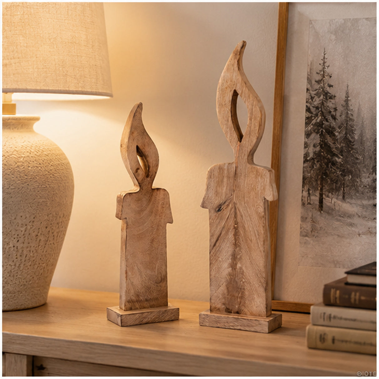 Wood Christmas Candles 2 Piece Rustic Holiday Decor Set