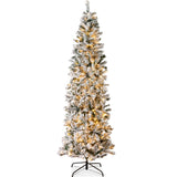 Pre Lit Snow Flocked Pencil Christmas Tree Slim Artificial Tree