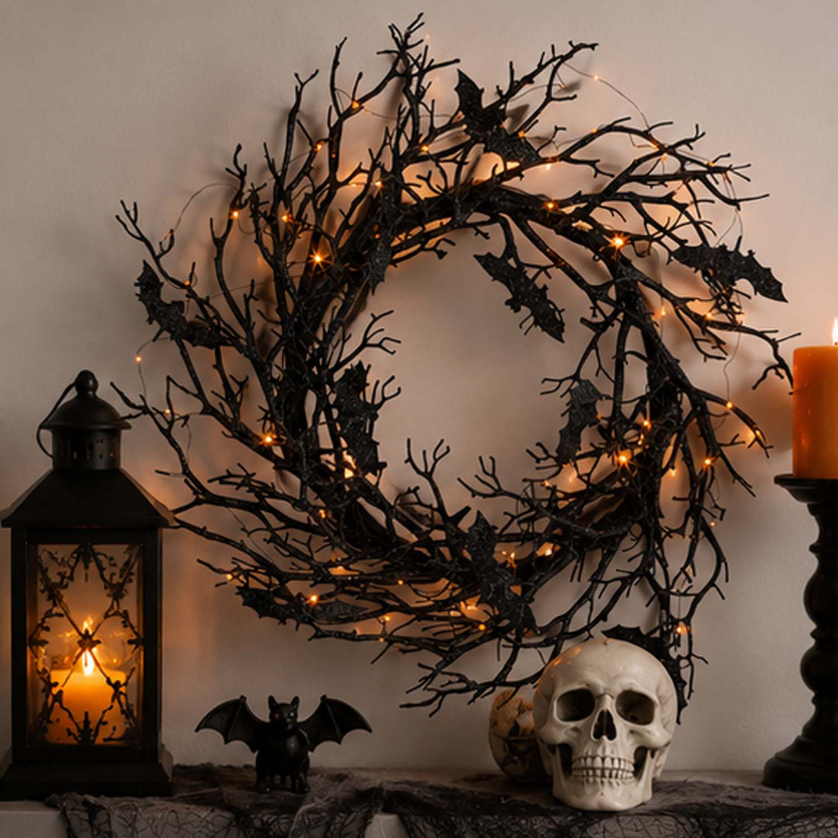 26" Light-Up Black Bat Plastic Halloween Wreath Decoration