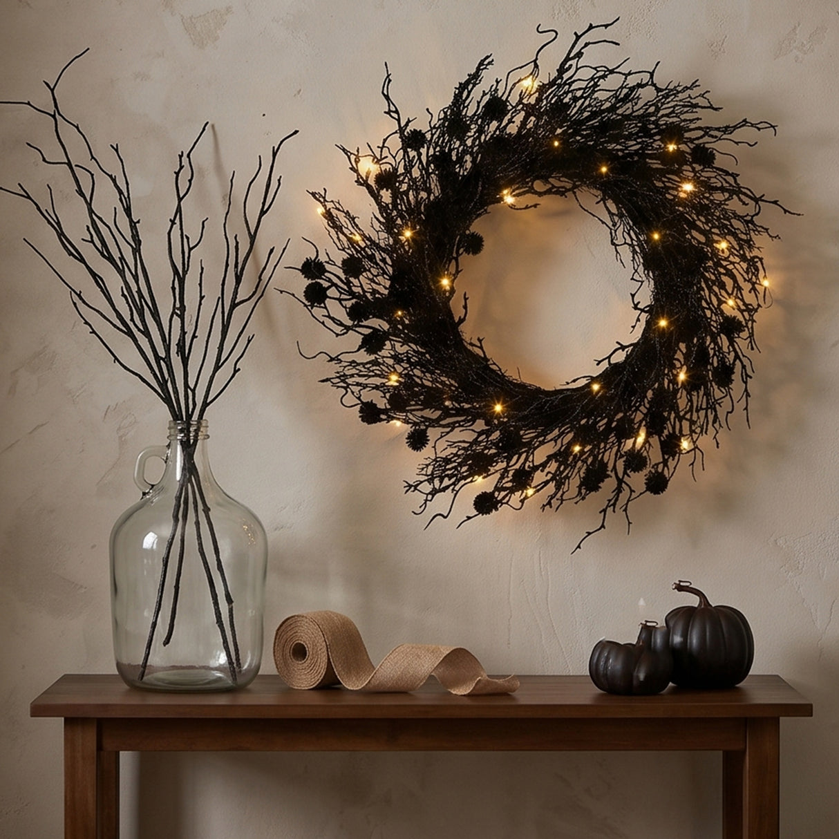24 in. Pre-Lit Halloween Deadwood Twig Wreath with LED Lights